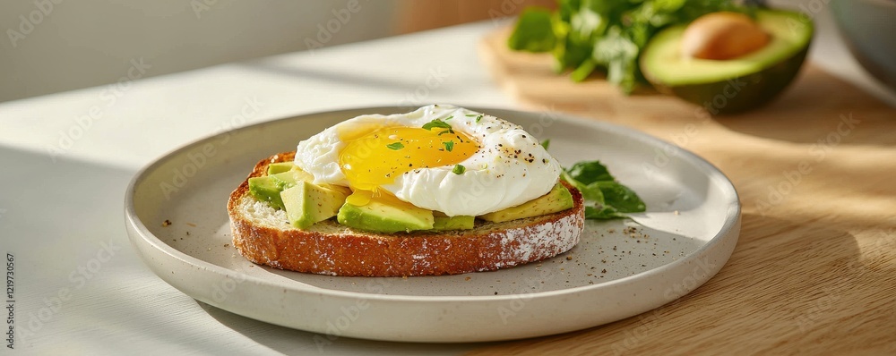 A beautifully plated avocado toast topped with a poached egg, garnished with herbs, showcasing a healthy and appetizing breakfast. A beautifully plated avocado toast topped with a poached egg, garnished with herbs, showcasing a healthy and appetizing breakfast.