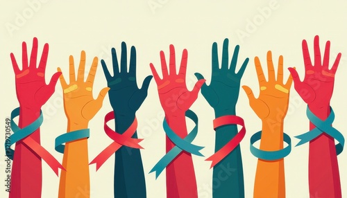 Vibrant Hands Ribbon Art Illustration for World Cancer Day Awareness