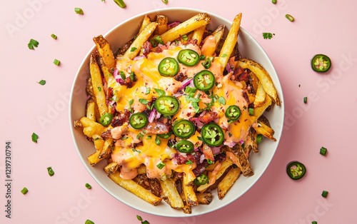 Loaded fries bursting with cheddar, jalapeÃ?os, pastel pink background