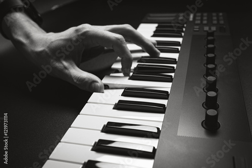 A midi keyboard with a man's hand playing it, piano keys. photo