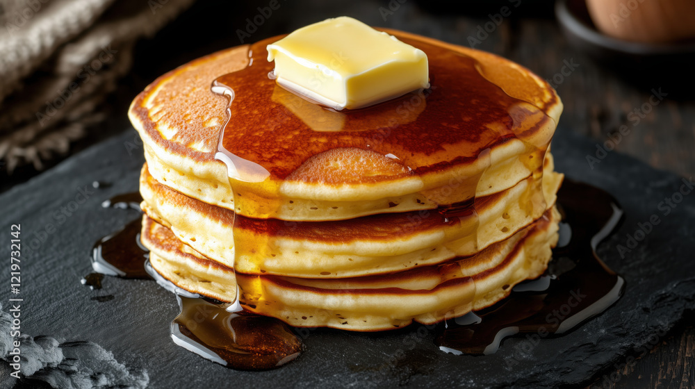 Stack of Fluffy Pancakes Drizzled with Syrup and Topped with Butter, Placed on the Far Left of a Dark Slate Board, with the Rest of the Frame Open for Text, copy space Stack of Fluffy Pancakes Drizzled with Syrup and Topped with Butter, Placed on the Far Left of a Dark Slate Board, with the Rest of the Frame Open for Text, copy space