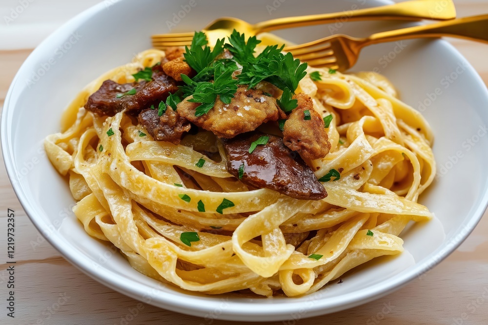 Delicious pasta dish with fried chicken liver. Creamy sauce coats wide pasta. Fried liver, parsley garnish pasta. Served in white bowl. Top view of homemade rustic Italian meal. Looks tasty, ready to Delicious pasta dish with fried chicken liver. Creamy sauce coats wide pasta. Fried liver, parsley garnish pasta. Served in white bowl. Top view of homemade rustic Italian meal. Looks tasty, ready to