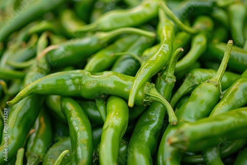 Close up of a pile of fresh green chili peppers, highlighting their vibrant color and texture photo