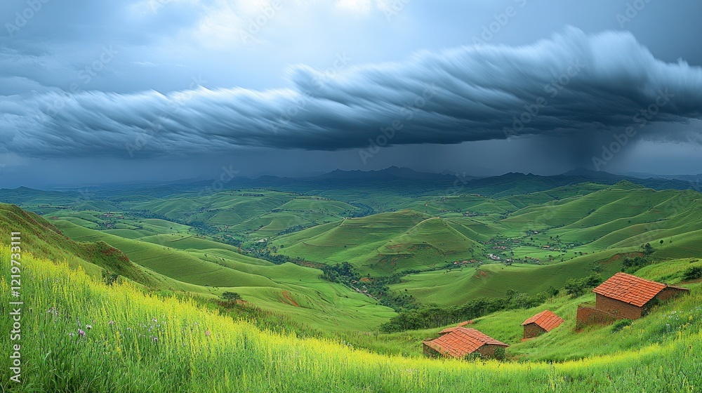 Fototapeta premium Stormy sky over green hills.