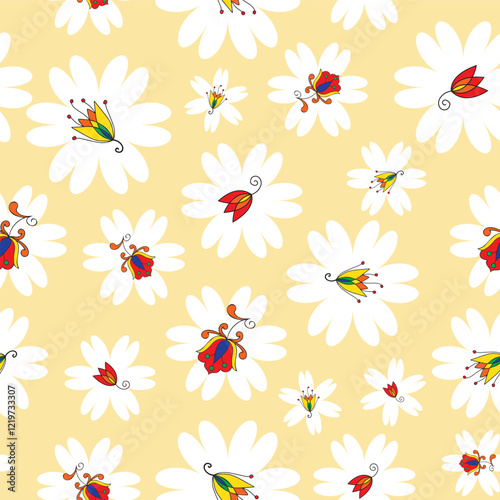 seamless repeat pattern with colorful and beautiful floral motifs on a white flowers and light yellow background perfect for fabric, scrap booking, wallpaper, gift wrap projects