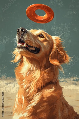 Golden retriever, flying disc, happy, anticipation. photo