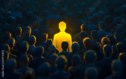 Yellow human figure illuminated among a dark crowd, emphasizing unique talent and individual brilliance