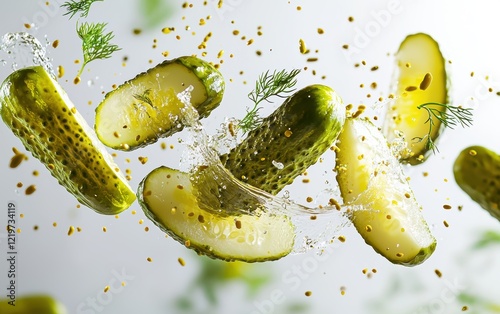 Sliced pickles flying mid-air with splashes of brine and dill on a white background.