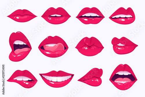 Vector illustration of female lips with bright lipstick in different expressions - showing tongue, smiling, kissing, surprised, etc. Seductive and sexy lips. Dazzling smile.