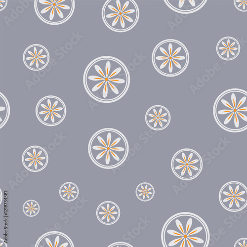 seamless repeat pattern with simple grey circle floral motifs with retro orange lines on a grey background perfect for fabric, scrap booking, wallpaper, gift wrap projects