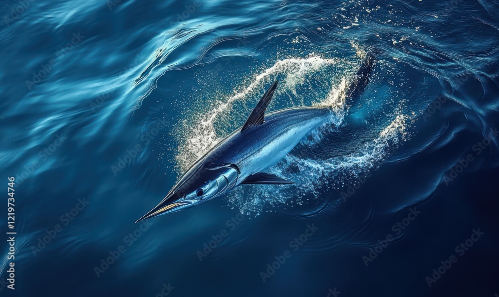 Fototapeta premium Striped marlin leaping, ocean spray, deep blue water.