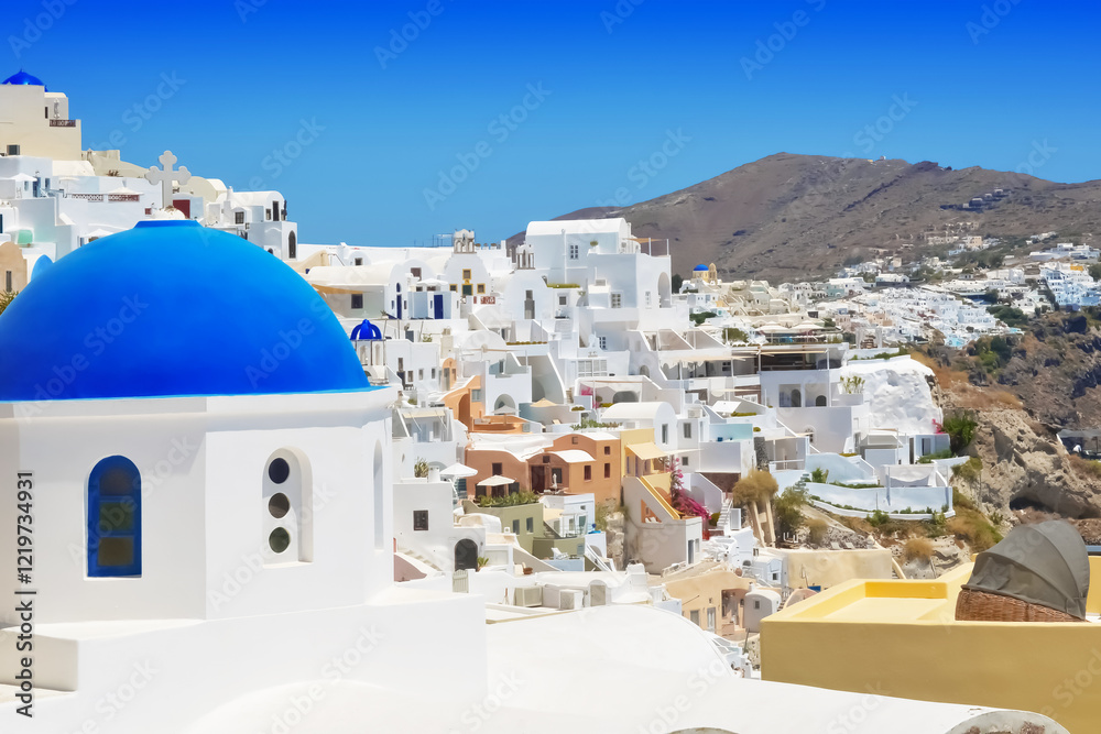 Fototapeta premium Oia village on Santorini island, Greece. Traditional and famous church with blue dome and white houses over the Caldera, Cyclades islands Aegean sea.