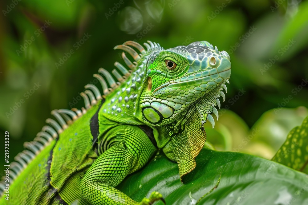Bright green iguana resting on a large green leaf in a lush tropical rainforest Bright green iguana resting on a large green leaf in a lush tropical rainforest