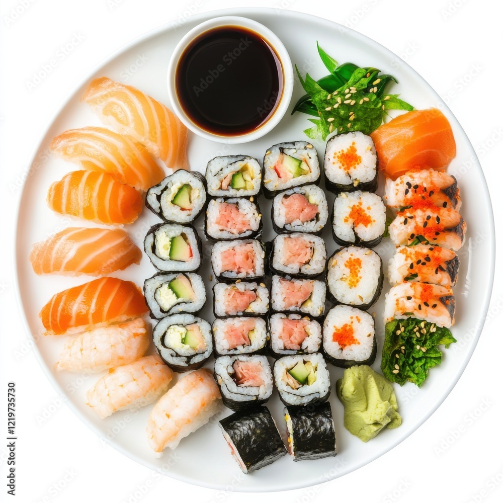 A platter of sushi rolls with soy sauce and wasabi, isolated white background, modern art style A platter of sushi rolls with soy sauce and wasabi, isolated white background, modern art style