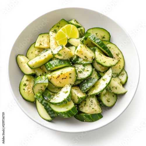 A refreshing avocado cucumber salad with lime dressing, isolated white background, minimalistic art style
