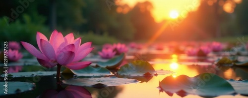 Lotus blooms on a tranquil riverbank at sunset, water, Asian art