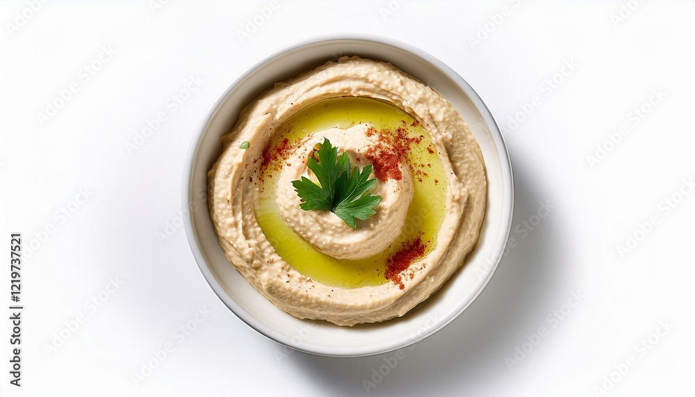 top view of a white bowl with a baba ganoush dip on a white background