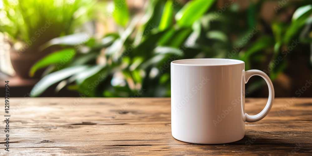 An empty white coffee mug sits on a wooden table with green plants in the background, showcasing its clean and simple design. The mug has no text or graphics for mockup purposes, mockup An empty white coffee mug sits on a wooden table with green plants in the background, showcasing its clean and simple design. The mug has no text or graphics for mockup purposes, mockup