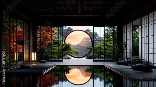 Zen garden interior with circular window, sunset view, reflecting pool, autumn foliage, peaceful meditation space