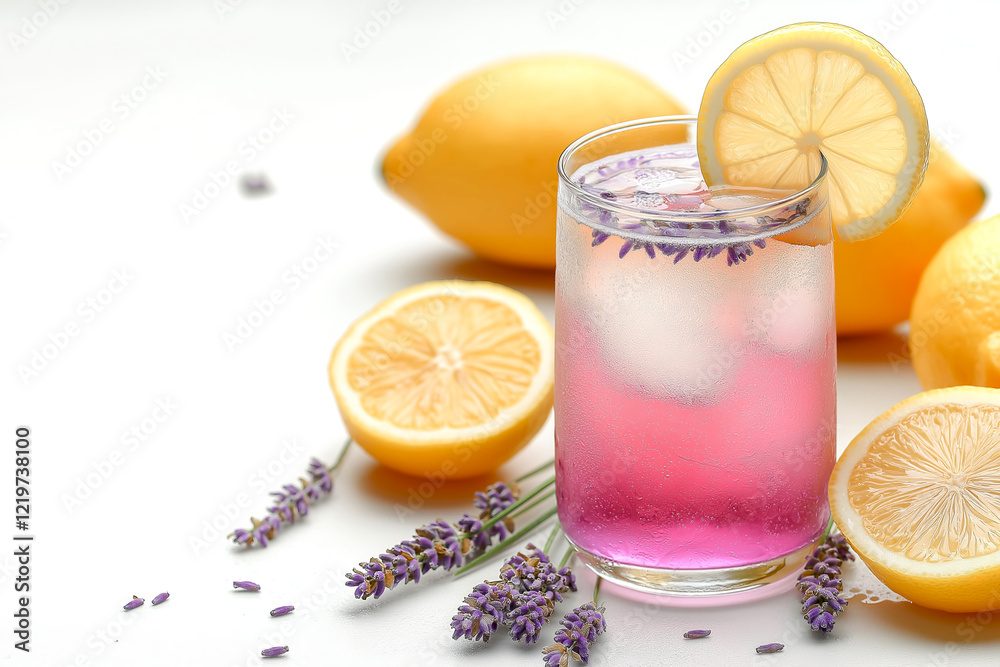 Refreshing lavender lemonade with fresh ingredients and vibrant presentation for summer enjoyment. Herbal drink. Pink summer beverage on white Refreshing lavender lemonade with fresh ingredients and vibrant presentation for summer enjoyment. Herbal drink. Pink summer beverage on white
