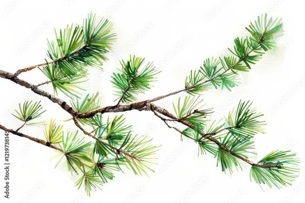 Obraz premium Lush green pine branch illustrating the beauty of nature through delicate watercolor strokes