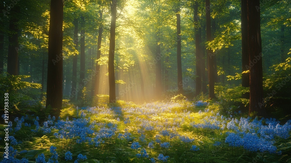 Naklejka premium Sunny forest with blue flowers.