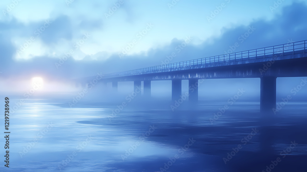 Bridge over the bay with a misty dawn and a calm sea, foggy morning, frosty atmosphere, bridge. Frosty Bay. Illustration Bridge over the bay with a misty dawn and a calm sea, foggy morning, frosty atmosphere, bridge. Frosty Bay. Illustration