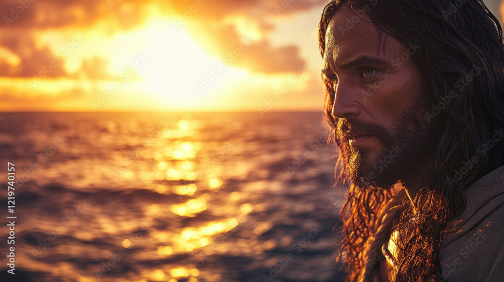 Fototapeta premium Jesus Looking at Peaceful Ocean at Sunset