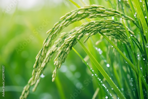 Close-up of a green rice plant in a paddy field. Highlighting the details of the stalk and grains. Ideal for botanical studies and agricultural education.