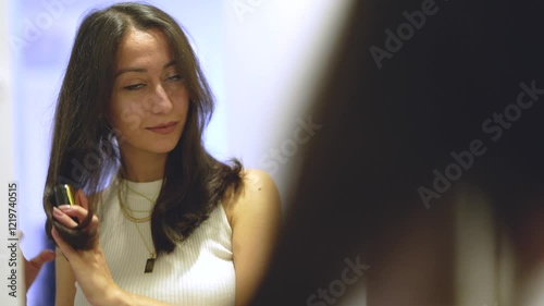 A woman stands in front of a mirror, gently combing her hair with a hairbrush. Her focused expression reflects self-care and routine, while the soft lighting highlights the calmness of the moment. photo