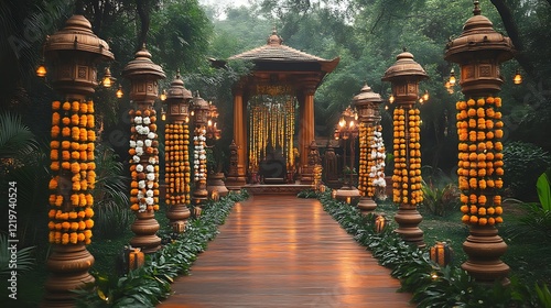 Wooden Pathway Adorned With Floral Decorations And Lamps