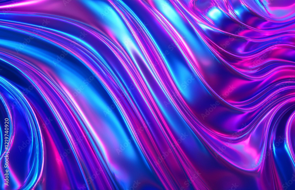 Fototapeta premium 3d render Metallic liquid background. Abstract neon texture. Rainbow 3d holographic foil. Wavy glossy surface in blue and purple colors Background