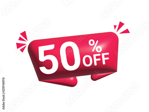 50% OFF Modern red or Pink web label Banner Vector Illustration isolated on white background
