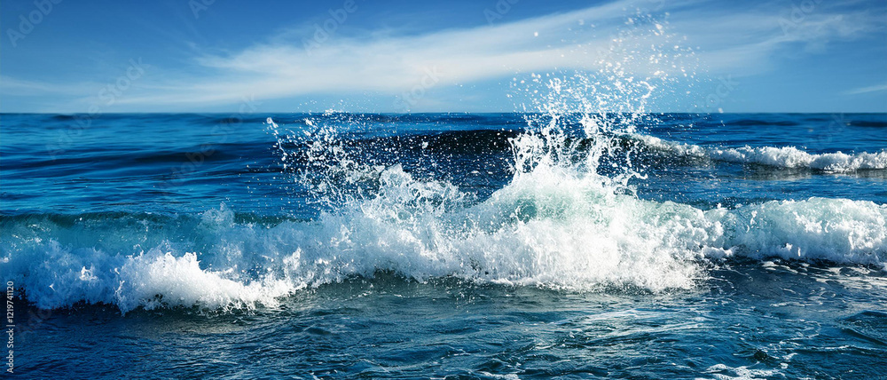 Fototapeta premium Blue sea waves splashing realistic photo, high resolution, water background