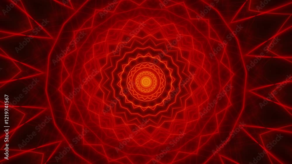 Circular fractal pattern in orange and red on dark background, a complete animation loop