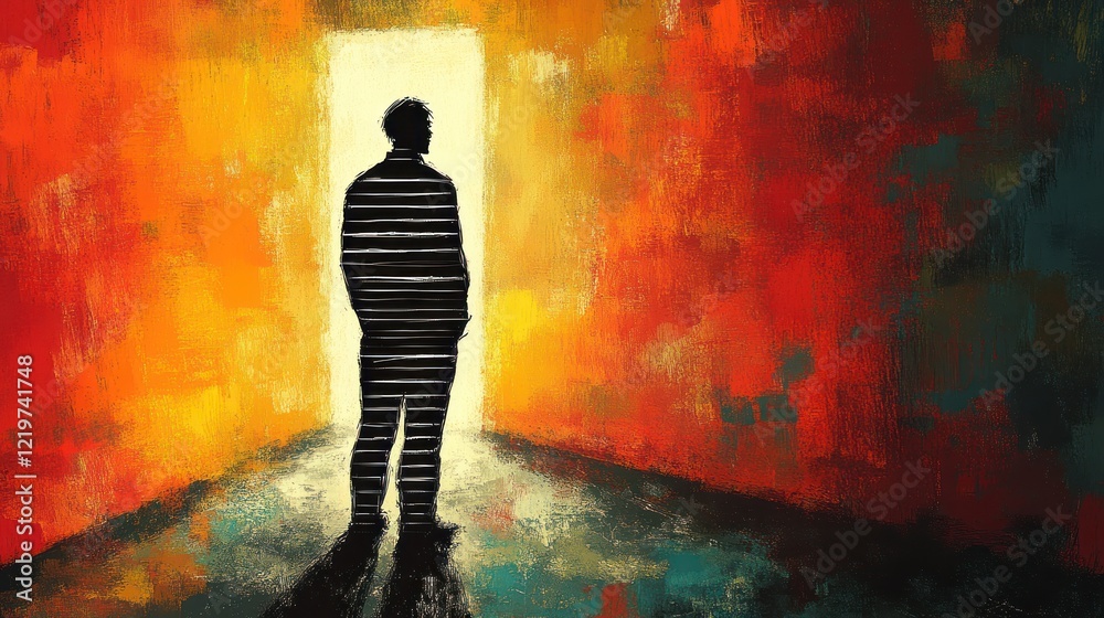 Obraz premium Silhouette facing bright doorway, fiery textured background.