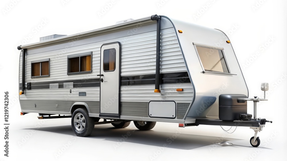 Naklejka premium Silver Caravan Trailer on White Background