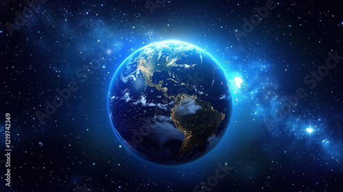 Stunning Nighttime Perspective of Earth from Space, with Glowing City Lights Illuminating the Landmasses, and Stars Scattered in the Distance