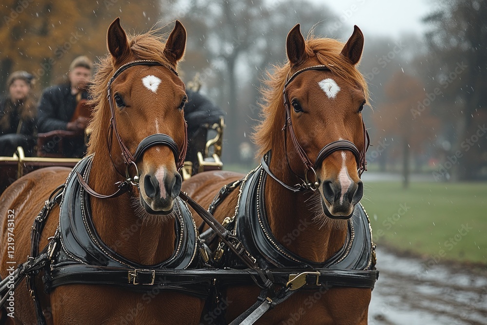 Obraz premium Two chestnut horses pulling carriage, snowy day.