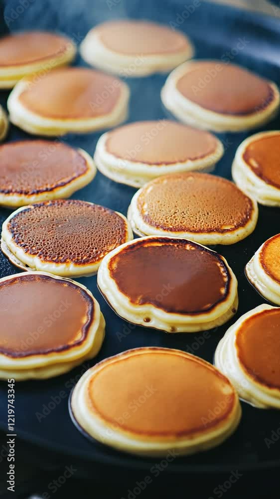 Pancakes cooking on a griddle in a cozy kitchen during a weekend breakfast preparation Pancakes cooking on a griddle in a cozy kitchen during a weekend breakfast preparation
