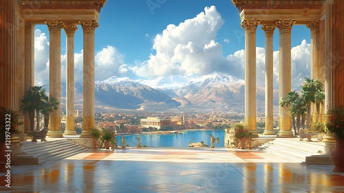Elegant columns with mountain vista high resolution image