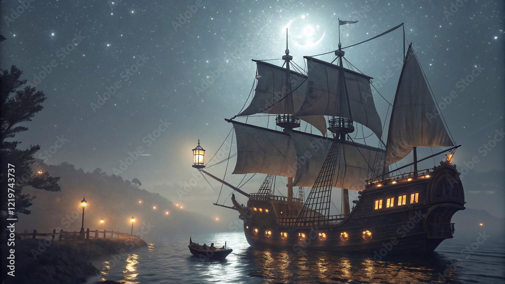 Obraz premium Majestic carrack anchored by moonlight on a serene evening