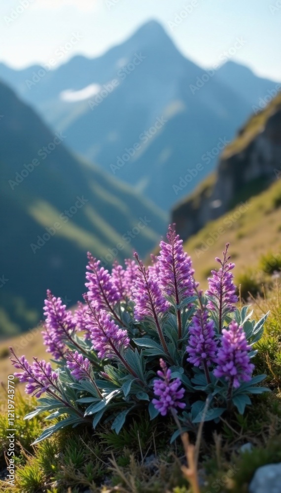 Low-growing purple flowered shrub with silvery-green foliage in mountainous terrain, mountain plants, blossoms Low-growing purple flowered shrub with silvery-green foliage in mountainous terrain, mountain plants, blossoms