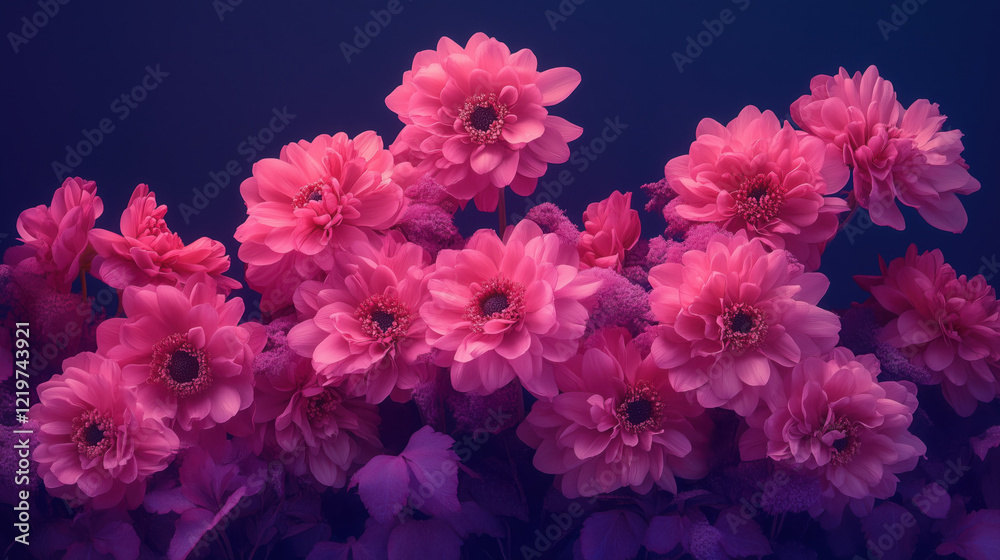Stunning Photorealistic Capture of a Burst of Winter Flowers, with Vibrant Pink Blooms in a Monochromatic Scheme, Dramatically Displayed Against a Deep Purple Backdrop Stunning Photorealistic Capture of a Burst of Winter Flowers, with Vibrant Pink Blooms in a Monochromatic Scheme, Dramatically Displayed Against a Deep Purple Backdrop