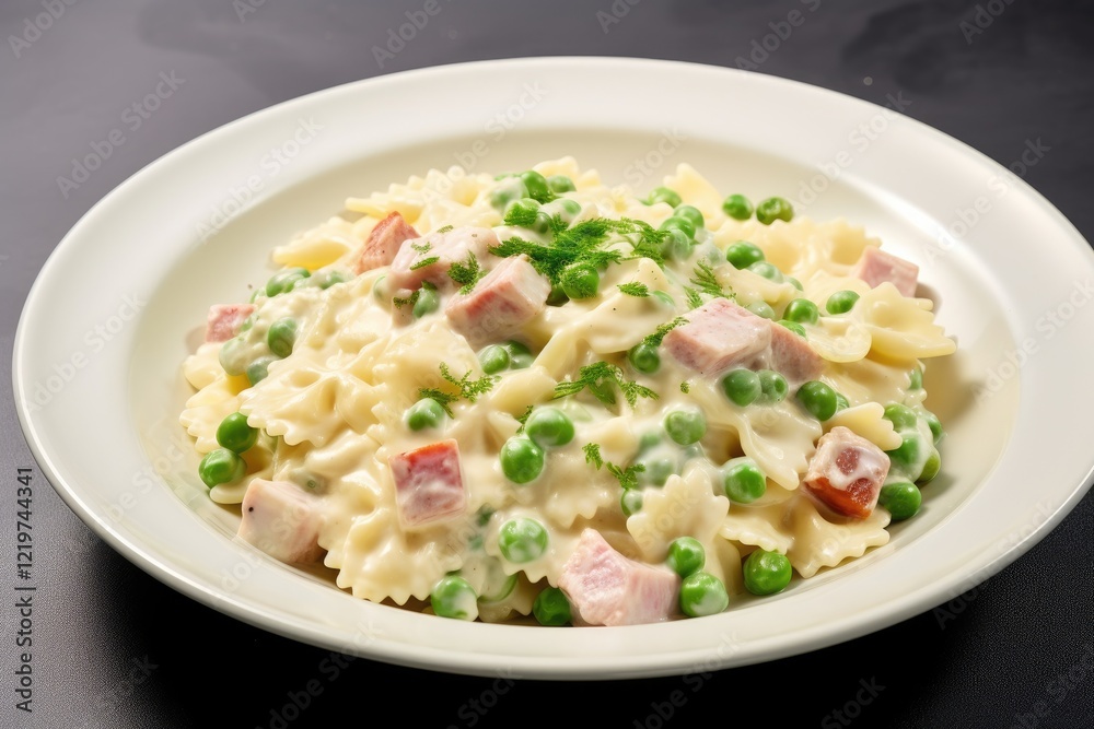 Italian pasta on a white plate topped with green peas turkey ham and parmesan in a cream sauce Italian pasta on a white plate topped with green peas turkey ham and parmesan in a cream sauce