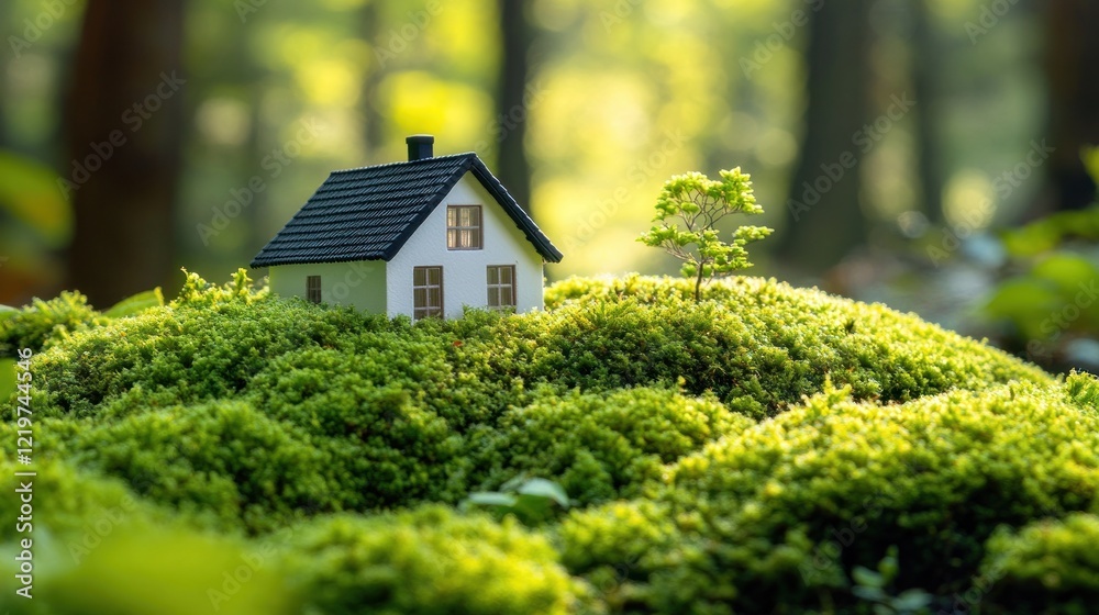 Tiny house on mossy hill.