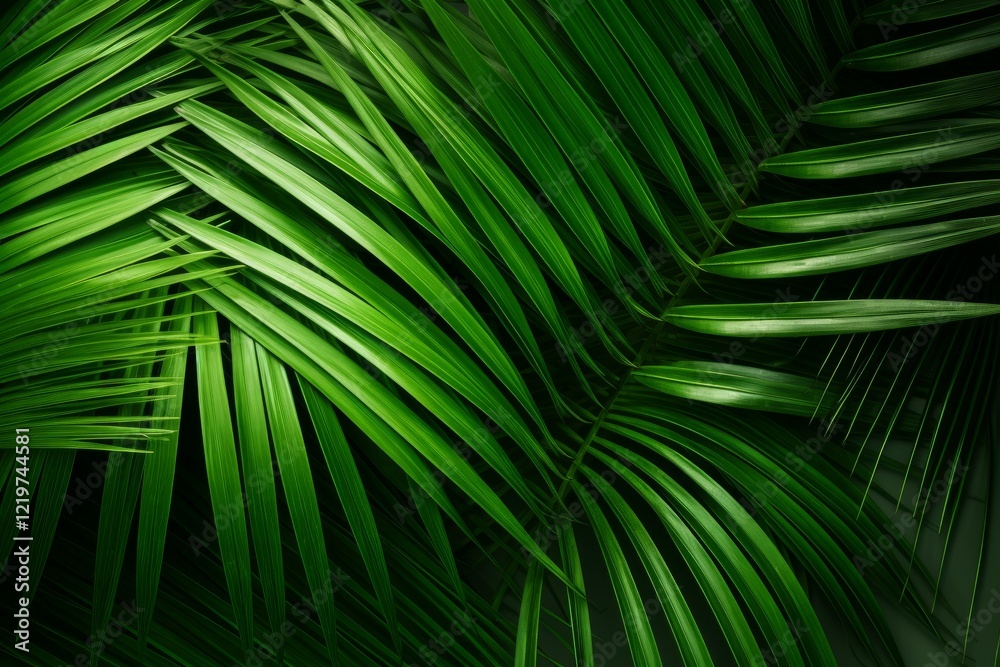 Fototapeta premium Close up of overlapping palm leaves forming a vibrant green tropical background