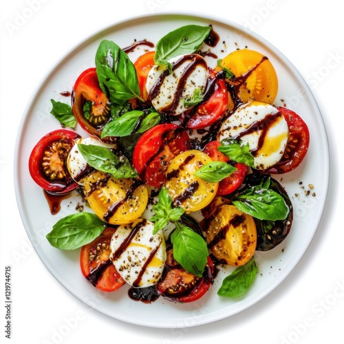 A refreshing caprese salad with heirloom tomatoes and balsamic glaze, isolated white background, minimalistic art style