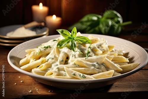 Wallpaper Mural Italian Penne pasta with formaggio sauce and basil served on a white dish on a rustic wood table Torontodigital.ca