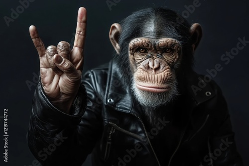 Chimpanzee wearing a black leather jacket, posing with a rock hand gesture. A humorous and rebellious depiction blending wildlife with human-like behavior and style. photo